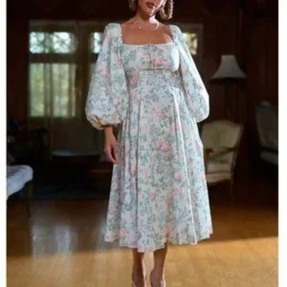 Selkie Floral Midi Dress in Pastel Pink and Green
